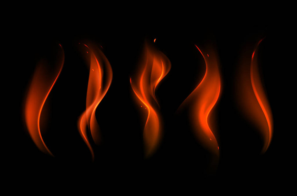 Set van verschillende rode dieprode brand vlam op achtergrond - Vector, afbeelding