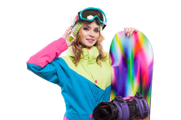 szőke lány, elszigetelt snowboard - Fotó, kép