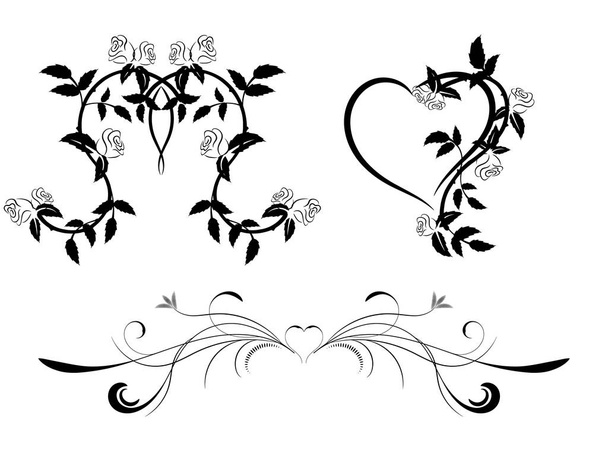 Set of black and white floral ornament with hearts - Вектор,изображение