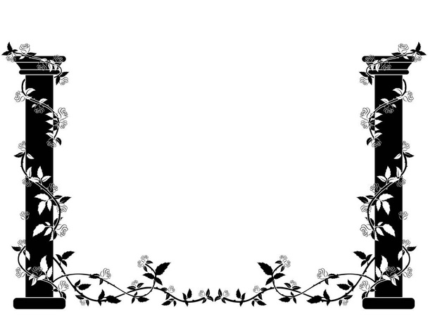 Black and white columns entwined with roses on the sides of the picture - Vector, imagen