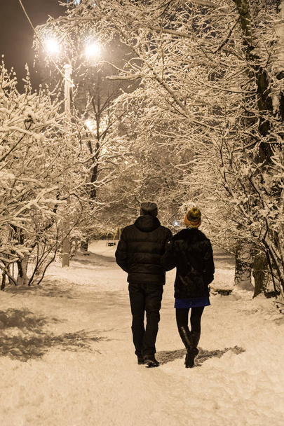 Couple in winter park at night - Foto, afbeelding