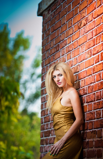 Charming young blonde woman in yellow dress near the brick wall - Zdjęcie, obraz
