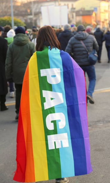 multicolored flag with the words PACE which means peace in Itali - Photo, Image