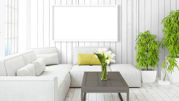 Modern bright interior with empty frame . 3D rendering - Fotoğraf, Görsel