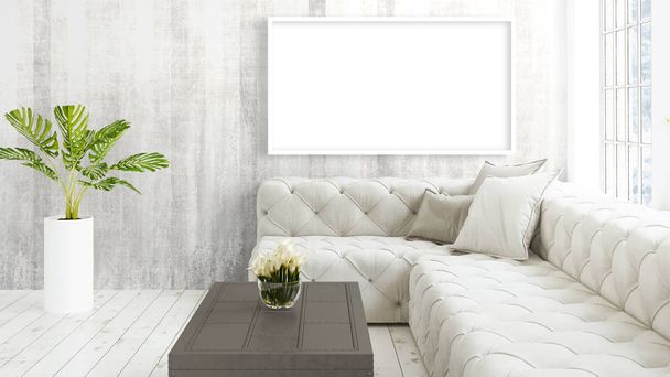 Modern bright interior with empty frame . 3D rendering - Fotoğraf, Görsel