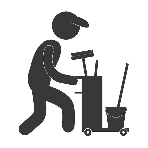 man worker cleaning equipment figure pictogram - Vector, Image