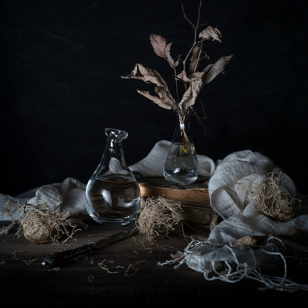 Still life with onions and dry leaves in a vase on a wooden table on a dark background - Фото, зображення