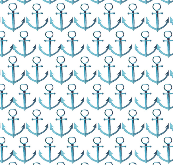 Marine anchor blue pattern watercolor hand sketch - Fotografie, Obrázek