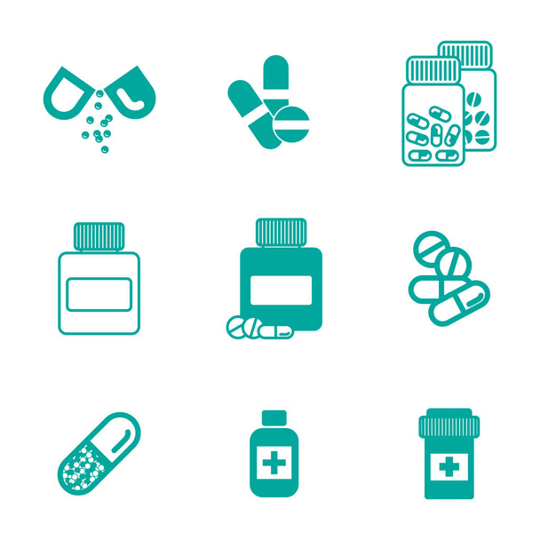 Diferentes pastillas o frascos de drogas iconos aislados
 - Vector, Imagen