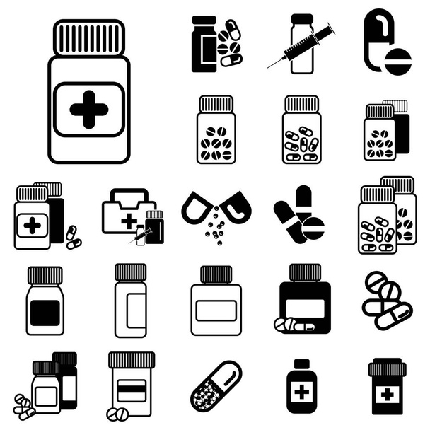 Diferentes pastillas o frascos de drogas iconos aislados
 - Vector, Imagen