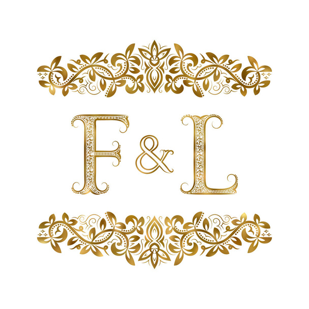 Символ винтажных инициалов F и L. Буквы окружены декоративными элементами. Монограмма о свадьбе или деловых партнерах в королевском стиле
. - Вектор,изображение