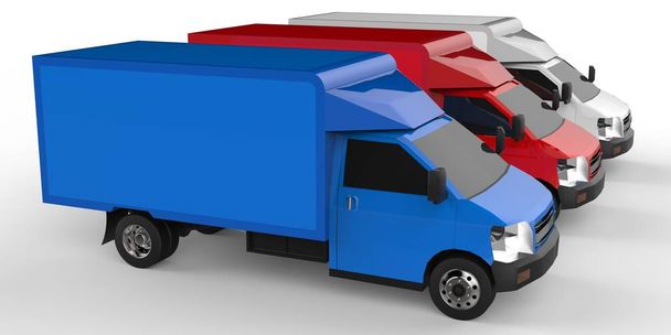 Kleine vrachtwagen van wit, rood en blauw. Auto verzendingsdienst. Levering van goederen en producten aan detailhandel. 3D-rendering. - Foto, afbeelding