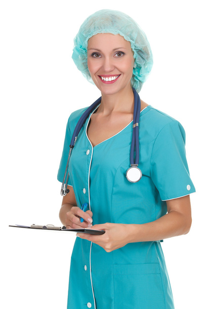 Médica confiante mulher com estetoscópio e prancheta
 - Foto, Imagem