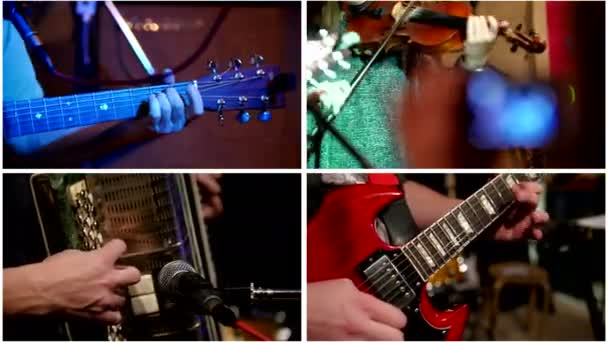 Cztery w jednym: muzyka na koncert - gitarzysta, skrzypek-muzyk grający w klubie nocnym - Materiał filmowy, wideo