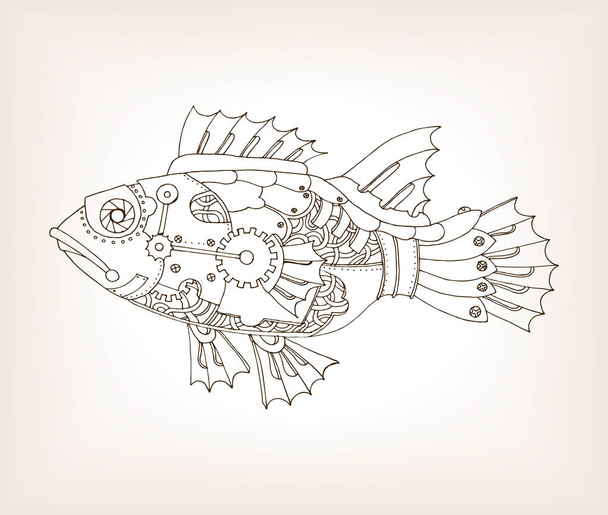 Ancient draft of mechanical fish vector - Wektor, obraz