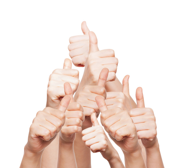Hand der Unternehmensgruppe mit erhobenem Daumen - Foto, Bild