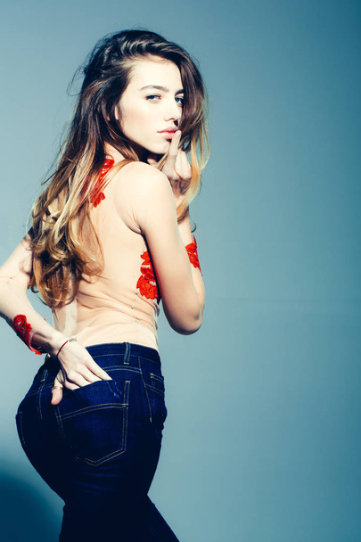 pretty sexy woman with long hair in fashionable cloth - 写真・画像