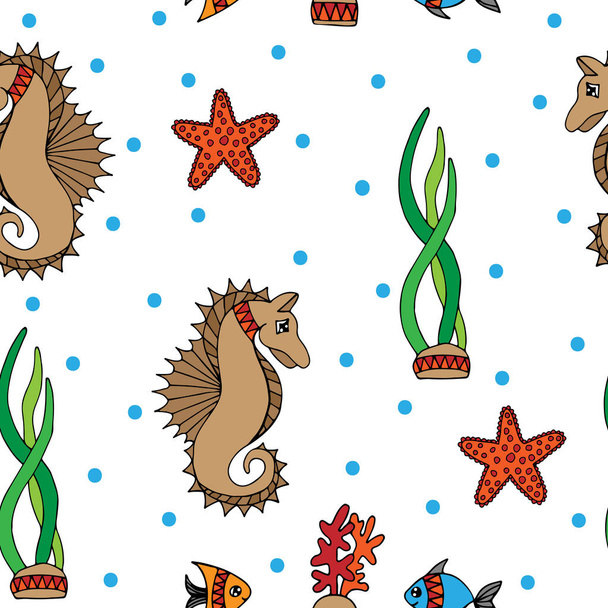 Seamless pattern with fish, sea horse and coral  - Vector, Image