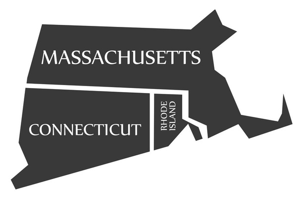 マサチューセッツ州 - コネチカット州 - ロードアイランド マップ ラベル黒 - ベクター画像