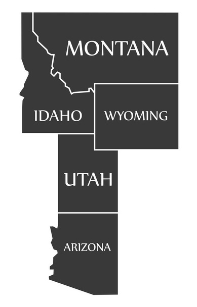 Montana - Idaho - Wyoming - Utah - Arizona Map labelled black - Vector, Image