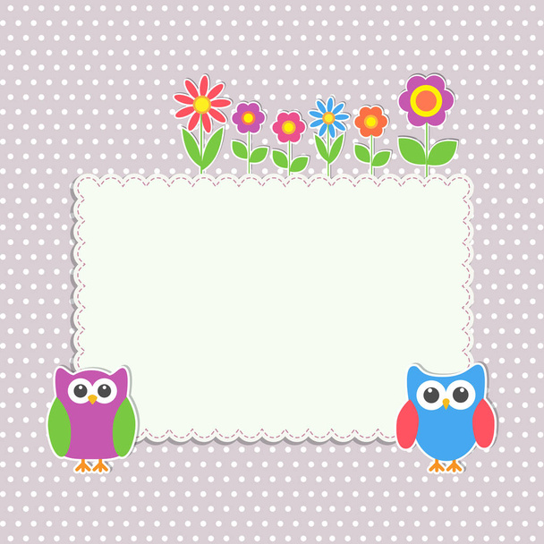 Frame with cute owls and flowers - Vektor, kép