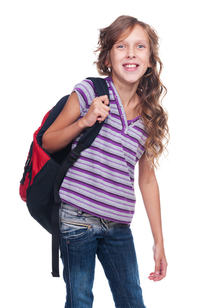 excited pupil holding knapsack - Foto, Imagem