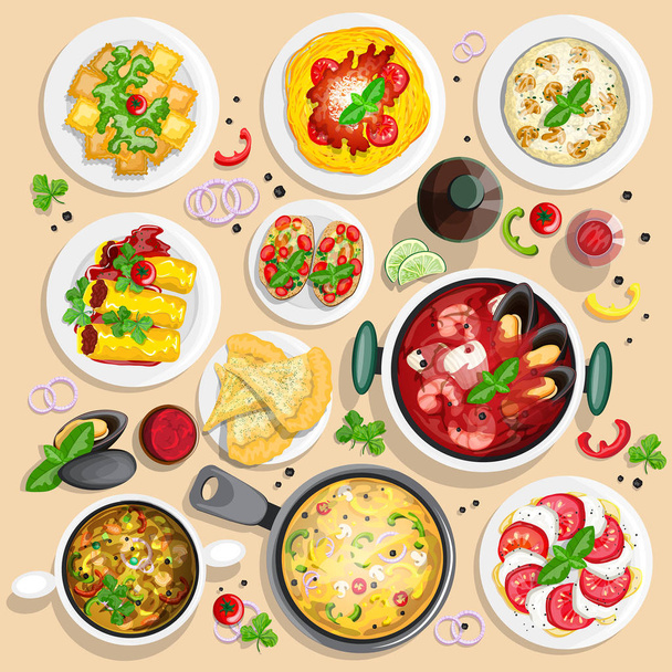Coleção de comida italiana vista superior ilustrações
 - Vetor, Imagem