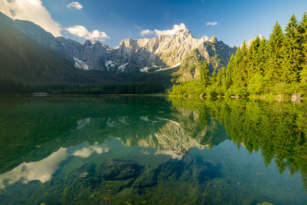 panorama of mountain lake in the morning in the Julian Alps in I - Zdjęcie, obraz
