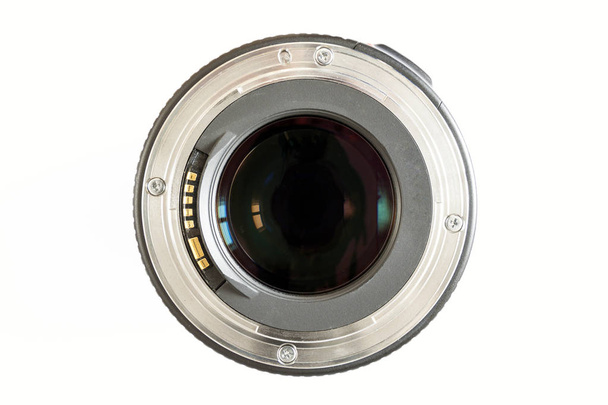Lente de foto da câmera close-up no fundo branco com reflexos lentes
 - Foto, Imagem