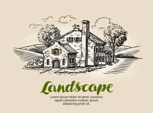 House, summer cottage sketch. Vintage farm, rural landscape vector illustration - Vektör, Görsel