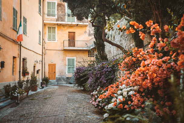 The yard with many flowers in the ancient town of Ventimiglia. Italy. - Foto, imagen