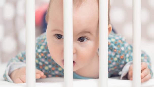 Eight months old baby girl in her bed, looking through the bars  - Photo, Image