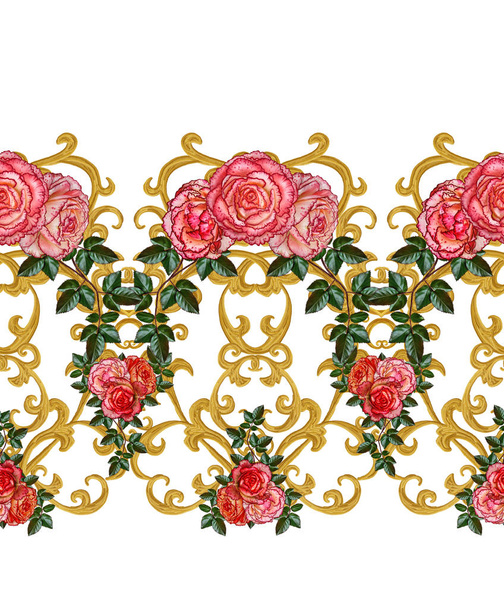 Seamless pattern. Golden textured curls. Oriental style arabesques. Openwork weaving delicate, lace, golden background. Flower arrangement of pink roses and white flowers. - Foto, Imagen