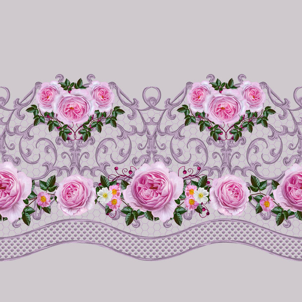 Seamless pattern border. Openwork weaving delicate, silver background, shiny lace, vintage old style arabesques. Edging decorative. Bouquets of pink pastel roses. - Фото, изображение