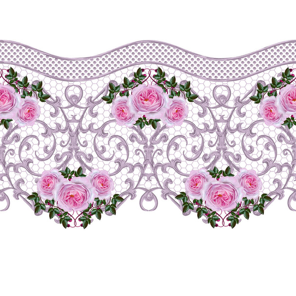 Seamless pattern border. Openwork weaving delicate, silver background, shiny lace, vintage old style arabesques. Edging decorative. Bouquets of pink pastel roses. - Φωτογραφία, εικόνα
