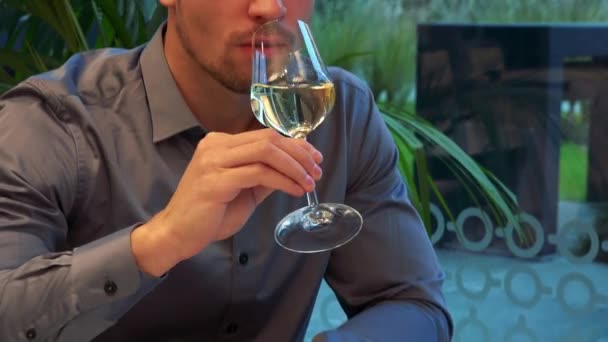 A young, handsome man sits at a table in a restaurant, takes a sip of wine and looks around - 映像、動画