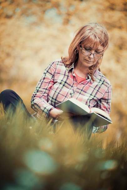 kadının okuma kitabı parkta çim - Fotoğraf, Görsel