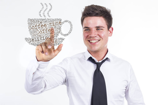 Kávé idő - fiatal üzletember, szó felhő megható - Fotó, kép