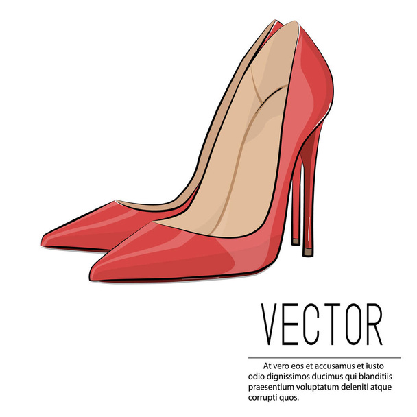 Vector red heels fashion illustration. Glamour female high heel illustration. Sexy Leather woman shoes isolated on white background. Elegant stiletto fetish accessory. Lady luxury footwear - Vector, Image