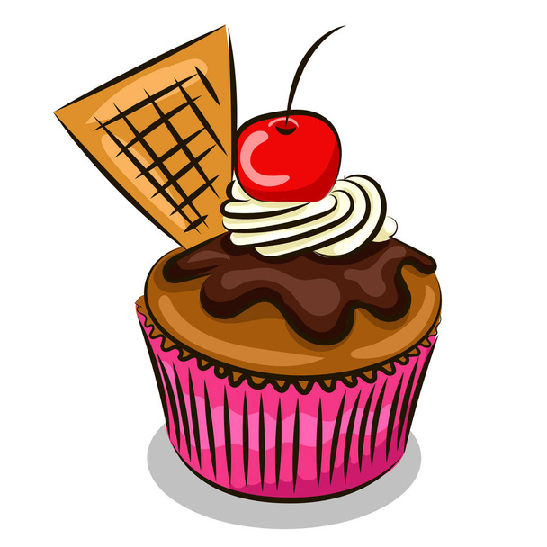 cupcake with cream and cherry isolated at the white background - Vector, Imagen