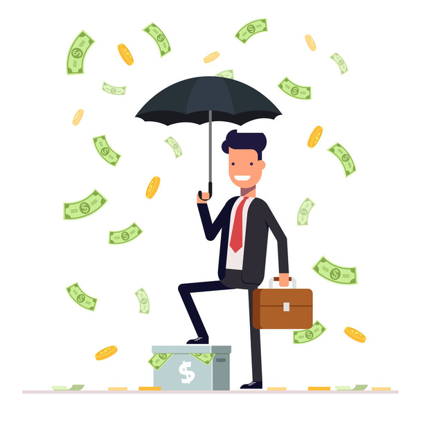Üzletember vagy kezelő hold esernyő és pénzt eső alatt állva. Irodai dolgozó karakter elszigetelt fehér background. Vektor, ábra Eps10. - Vektor, kép