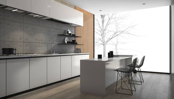 3d рендеринг белой современной кухни с деревянным полом у окна
 - Фото, изображение