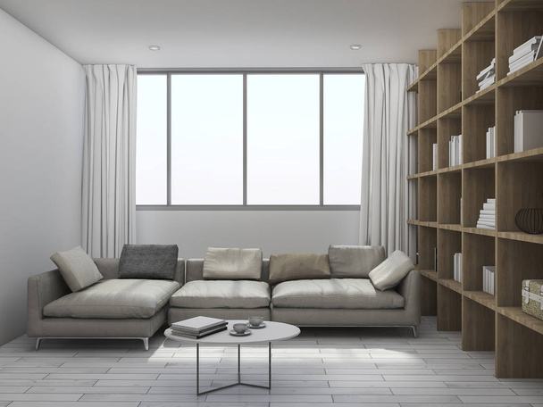 3d rendering living room with wood bookshelf - Zdjęcie, obraz