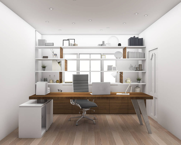 3D rendering fa padló polc dolgozó szoba - Fotó, kép