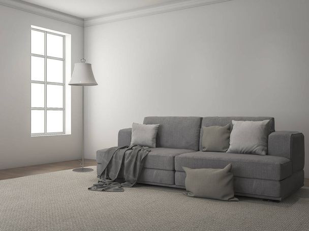 3D-Wiedergabe von Tageslicht aus dem Fenster auf Sofa und Teppich - Foto, Bild