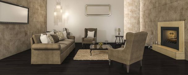3d renderização quente luz luxuosa sala de estar
 - Foto, Imagem