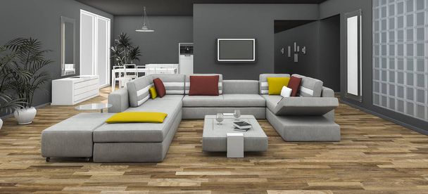 Canapé coloré rendu 3d avec salle de style loft
 - Photo, image