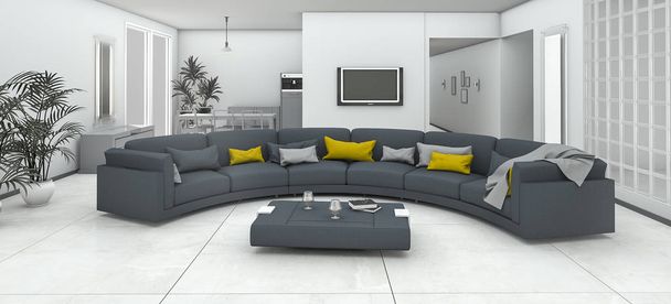 3D rendering kromme vlotte kleurrijke sofa in levende zone - Foto, afbeelding