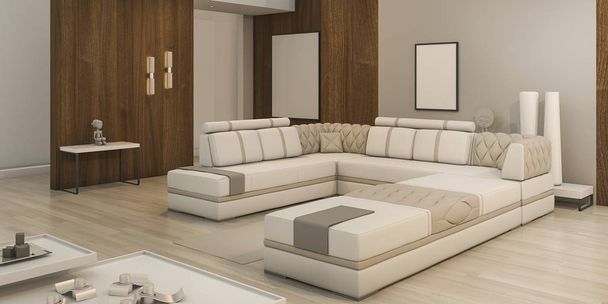 3D-Rendering Holz Textur Wohnzimmer mit warmem Licht und schöner Atmosphäre - Foto, Bild