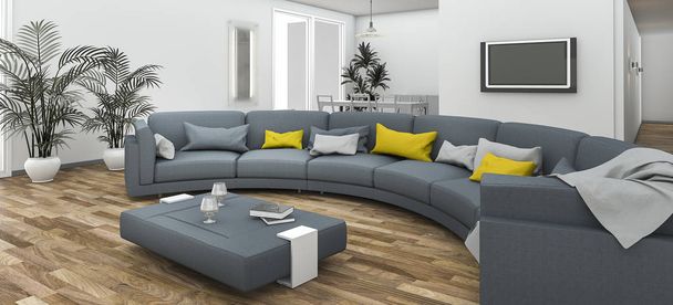 3d renderizado hermoso sofá curva de colores con piso contemporáneo
 - Foto, imagen